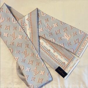 Louis Vuitton Bandeau Peach/Pink and Blue/Gray Monogram Silk Scarf